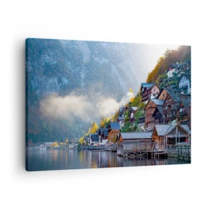 Obraz na płótnie - Górska wioska nad jeziorem w jesiennej scenerii - 70x50cm - Alpejskie klimaty - Nowoczesna dekoracja ścienna do salonu i sypialni ARTTOR