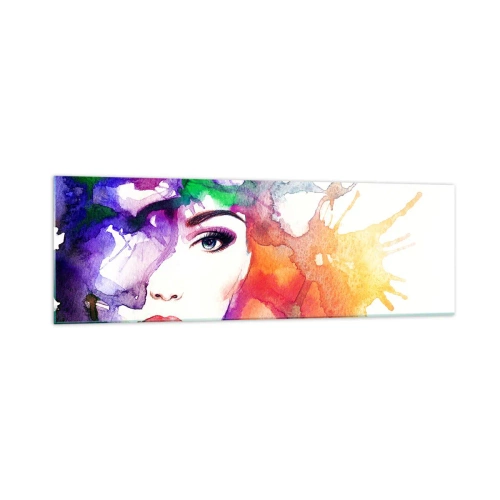 Obraz na szkle - Portret kobiety w akwarelowych barwach z abstrakcyjnymi plamami - 160x50cm - Z głową w chmurach - Nowoczesna dekoracja ścienna do salonu i sypialni ARTTOR