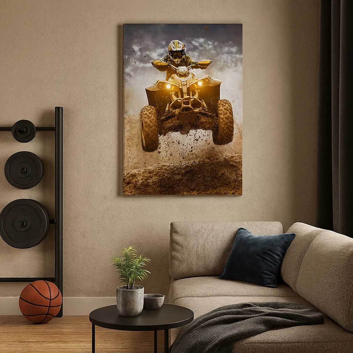 Obraz na płótnie - Zawodnik na quadzie w locie nad błotnistym terenem z rozpryskującym się błotem - 50x70cm - No risk no fun - Nowoczesna dekoracja ścienna do salonu, kuchni i sypialni ARTTOR