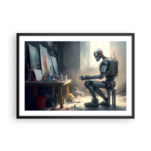 Plakat w czarnej ramie - Robot malujący obraz w artystycznej pracowni - 70x50cm - Akt kreacji - Nowoczesna dekoracja ścienna do salonu i sypialni ARTTOR
