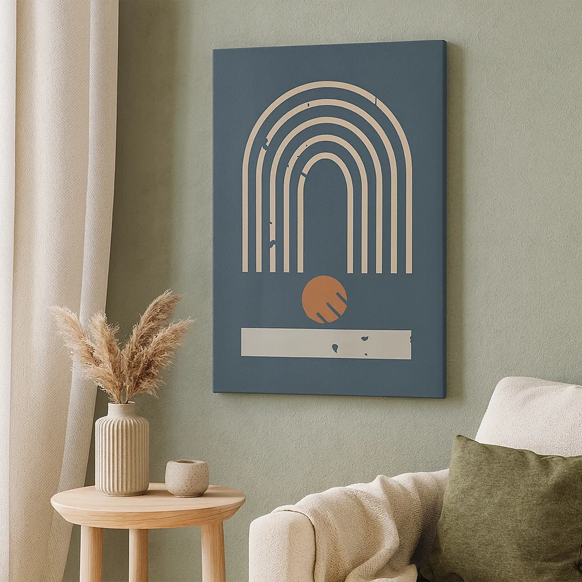 Obraz na płótnie - Geometryczna abstrakcja z łukami i okręgiem na ciemnoniebieskim tle - 50x70cm - Geometria na granacie - Nowoczesna dekoracja ścienna do salonu, kuchni i sypialni ARTTOR