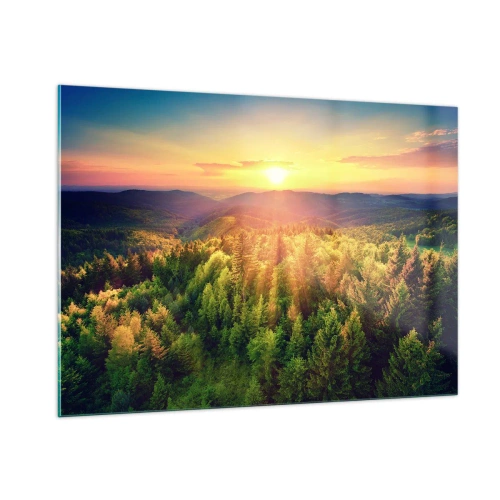 Obraz na szkle - Zachód słońca nad górskim lasem z widokiem na doliny - 100x70cm - Wierzchołki i szczyty - Nowoczesna dekoracja ścienna do salonu, kuchni i sypialni ARTTOR