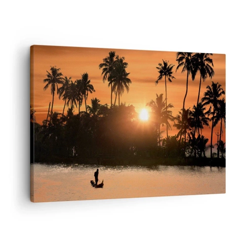 Obraz na płótnie - Zachód słońca nad palmami i spokojnym jeziorem z łódką - 70x50cm - Czas na odpoczynek - Nowoczesna dekoracja ścienna do salonu i sypialni ARTTOR