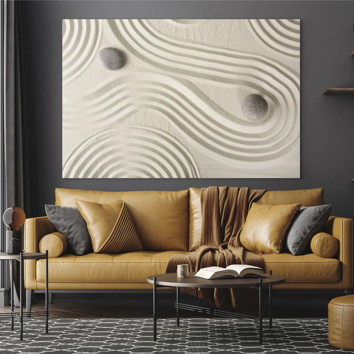 Obraz na szkle - Minimalistyczny piasek z kamieniami i geometrycznymi wzorami - 100x70cm - Dotyk ciepła - Nowoczesna dekoracja ścienna do salonu, kuchni i sypialni ARTTOR