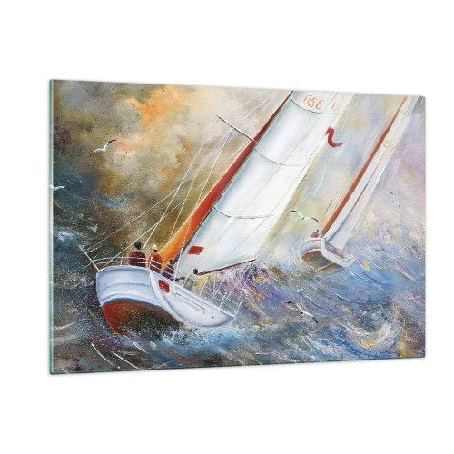 Obraz na szkle - Żaglówki na wzburzonym morzu podczas regat - 120x80cm - Biegnące po falach - Nowoczesna dekoracja ścienna do salonu, kuchni i sypialni ARTTOR