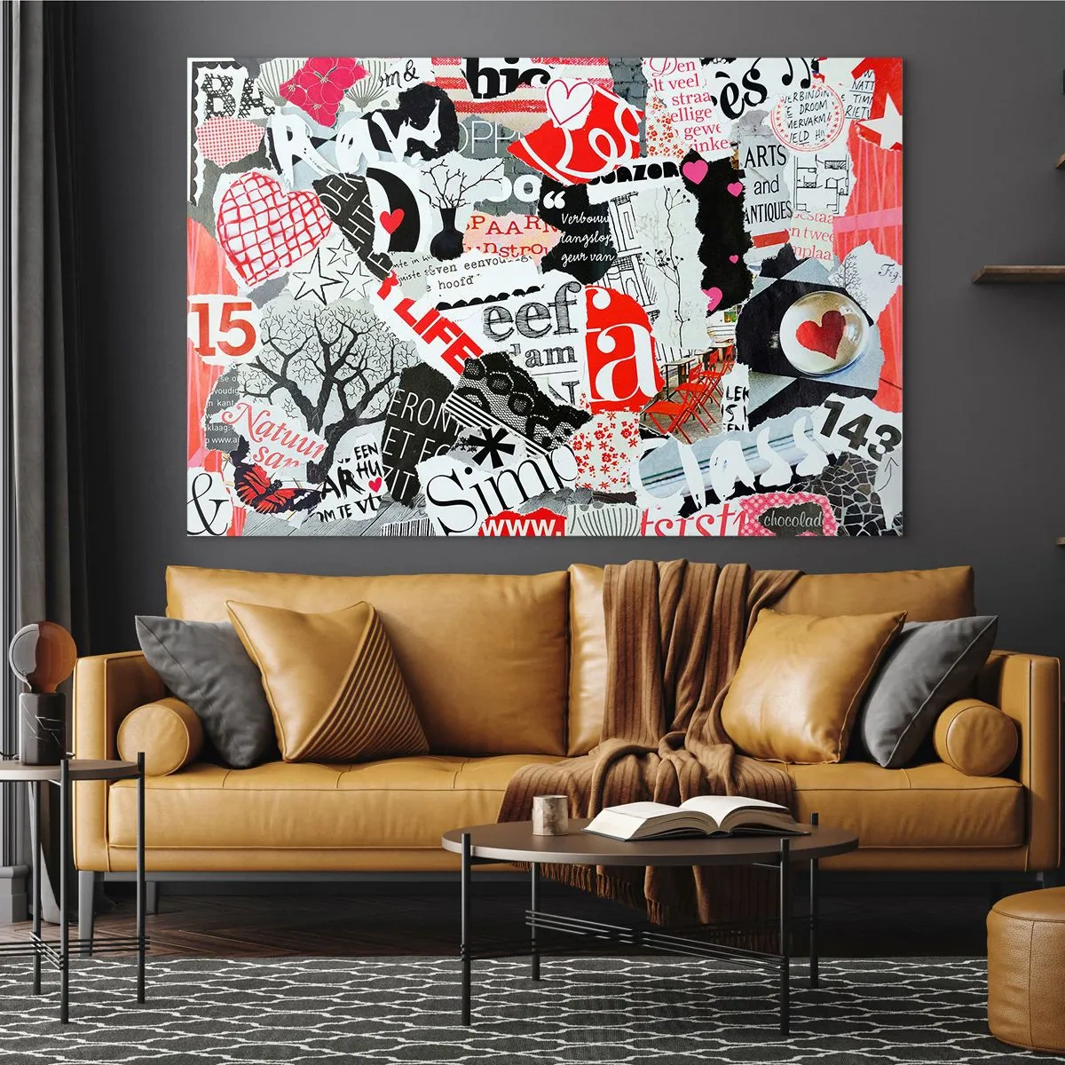 Obraz na szkle - Kolaż z liter, serc i drzew w stylu artystycznym - 70x50cm - Hipsterski kolaż - Nowoczesna dekoracja ścienna do salonu i sypialni ARTTOR