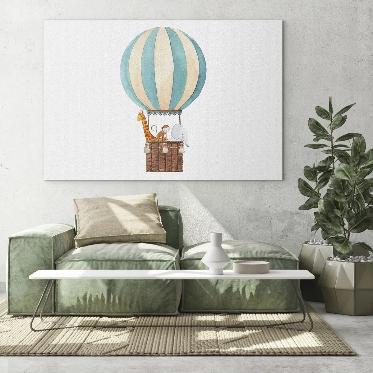 Obraz na szkle - Balon z żyrafą, małpką i słonikiem na białym tle - 120x80cm - Fantastyczna wycieczka - Nowoczesna dekoracja ścienna do salonu, kuchni i sypialni ARTTOR