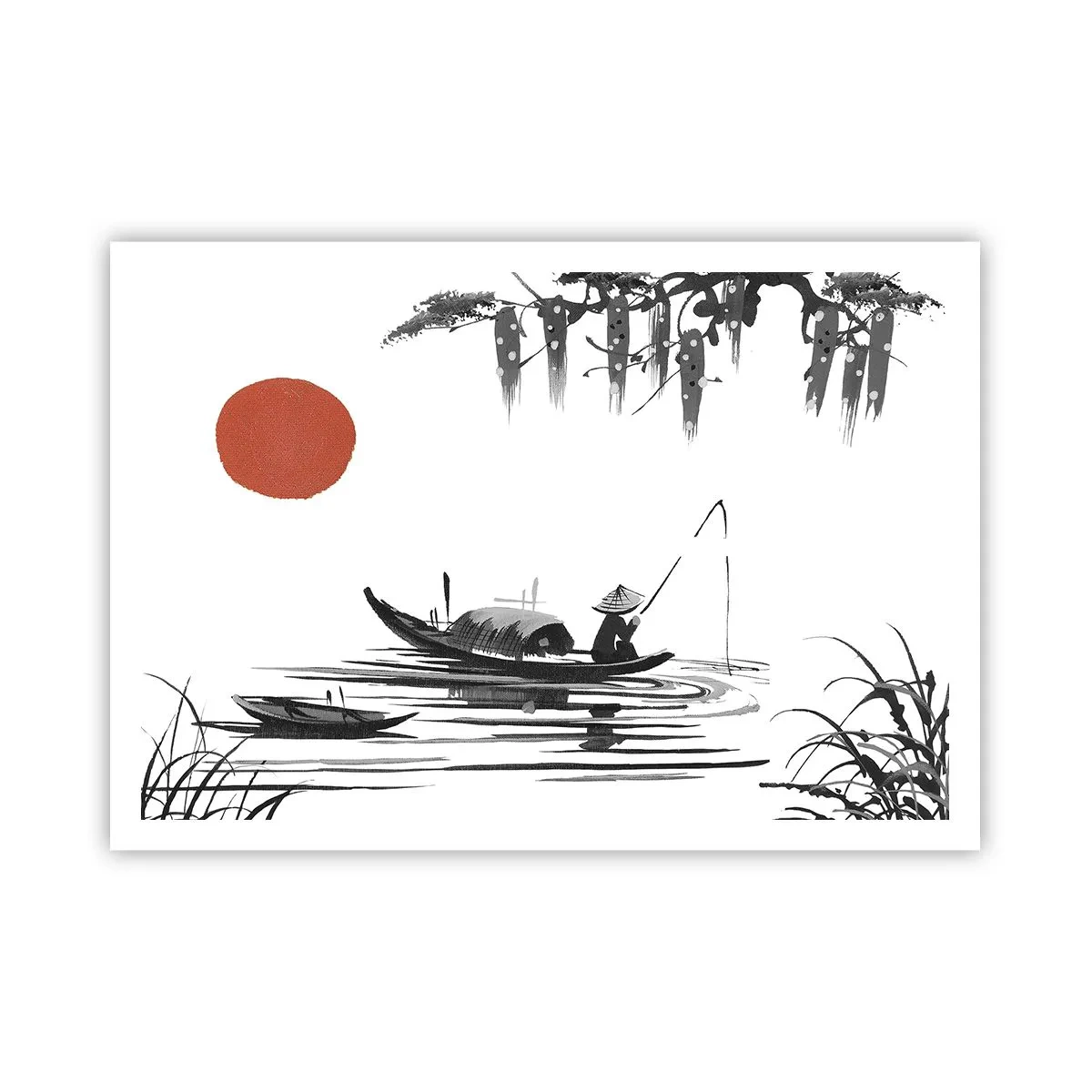 Plakat - Orientalny krajobraz z rybakiem na łodzi i czerwonym słońcem - 100x70cm - Azjatyckie popołudnie - Nowoczesna dekoracja ścienna do salonu i sypialni ARTTOR