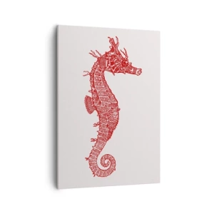 Obraz na płótnie - Czerwony rysunek konika morskiego na jasnym tle - 50x70cm - Misterne stworzenie - Nowoczesna dekoracja ścienna do salonu, kuchni i sypialni ARTTOR