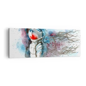 Obraz na płótnie - Kosmonauta w dynamicznej akwareli z kosmicznymi detalami - 140x50cm - Sam na sam z kosmosem - Nowoczesna dekoracja ścienna do salonu i sypialni ARTTOR