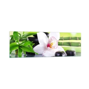 Obraz na szkle - Orchidea, kamienie i bambus w harmonijnej kompozycji spa - 160x50cm - Chłodna świeżość - Nowoczesna dekoracja ścienna do salonu i sypialni ARTTOR