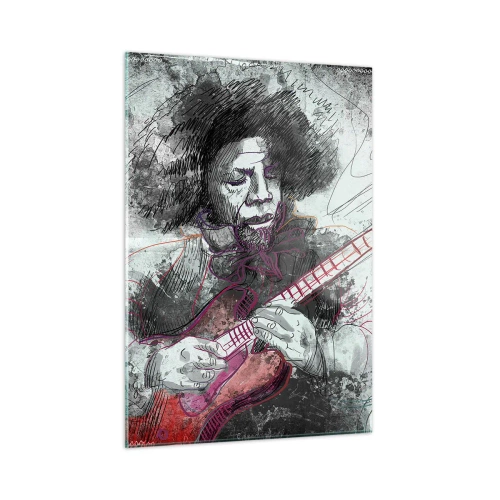 Obraz na szkle - Artystyczny portret muzyka z gitarą elektryczną - 50x70cm - Na falach muzyki - Nowoczesna dekoracja ścienna do salonu, kuchni i sypialni ARTTOR