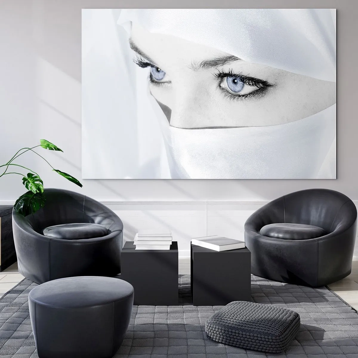 Obraz na szkle - Subtelny portret z wyrazistymi niebieskimi oczami - 70x50cm - Wprost z tysiąca i jednej nocy - Nowoczesna dekoracja ścienna do salonu i sypialni ARTTOR