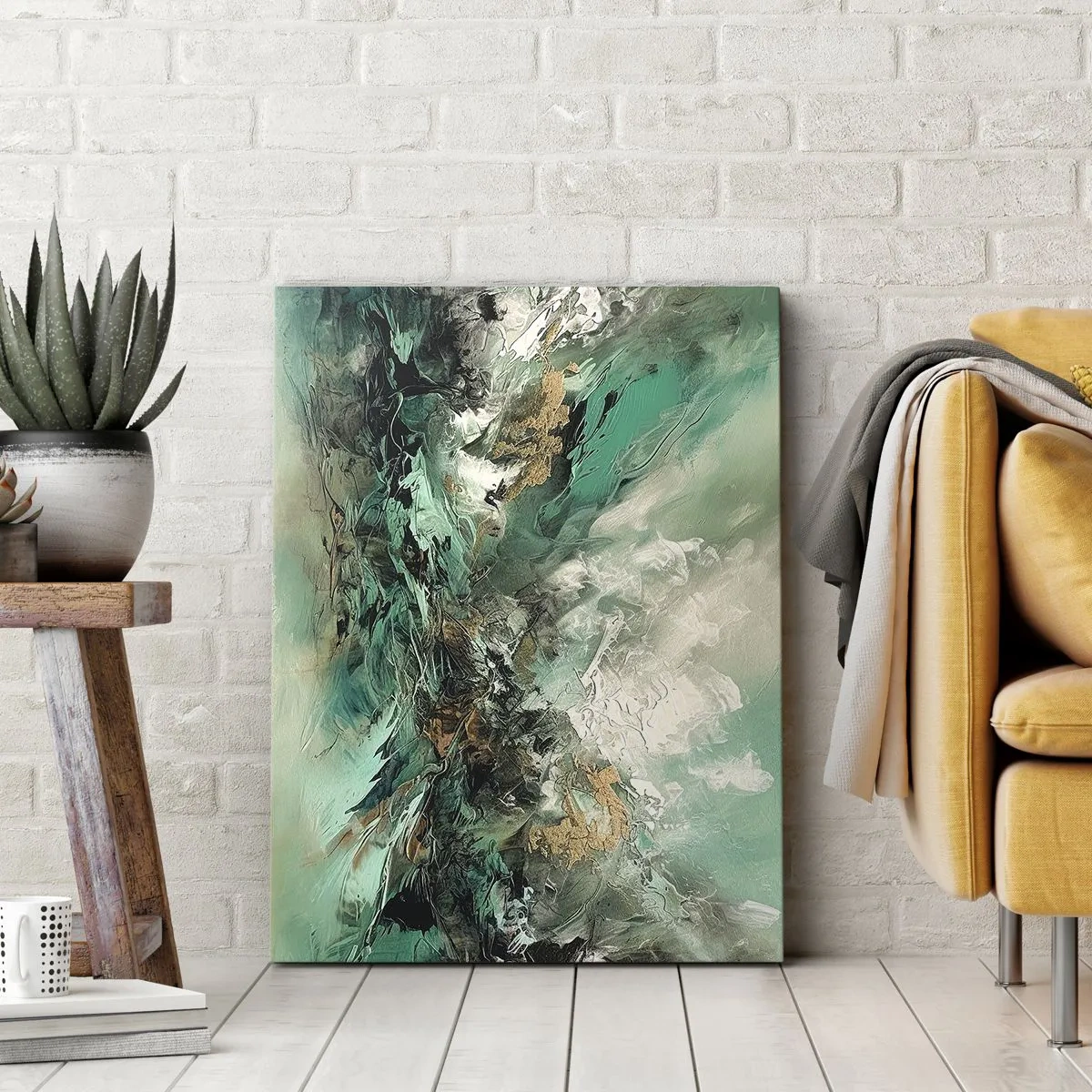 Obraz na płótnie - Abstrakcyjna kompozycja w odcieniach szmaragdowej zieleni, czerni i złota - 50x70cm - Szmaragdowo-czarna kipiel - Nowoczesna dekoracja ścienna do salonu, kuchni i sypialni ARTTOR