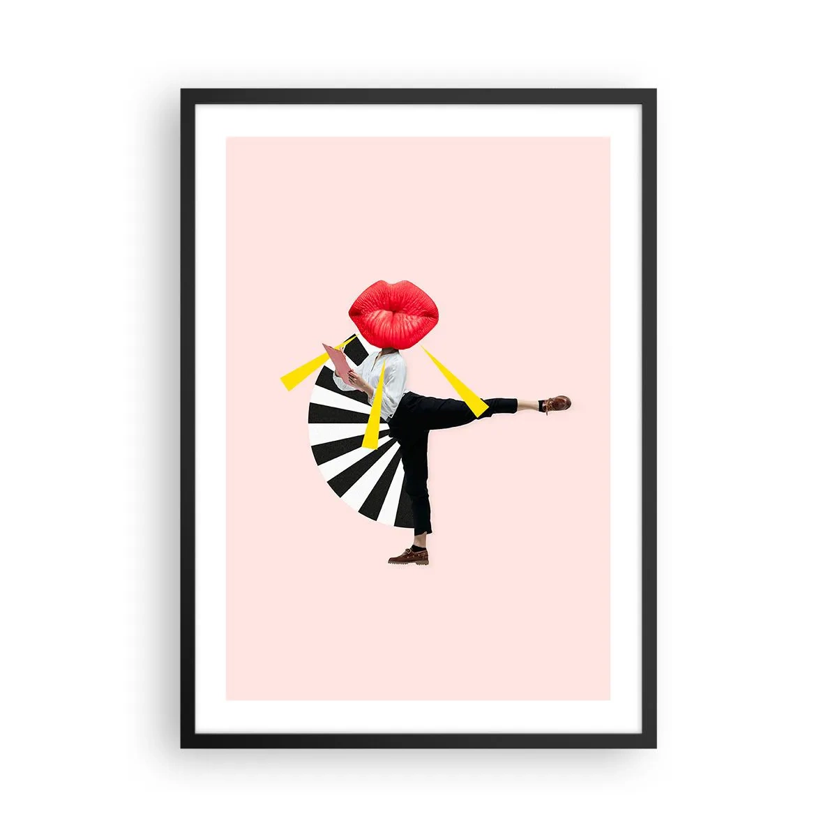 Plakat w czarnej ramie - Surrealistyczna kompozycja z ustami i geometrycznymi elementami na różowym tle - 50x70cm - Surrealistyczny pop-art - Nowoczesna dekoracja ścienna do salonu i sypialni ARTTOR
