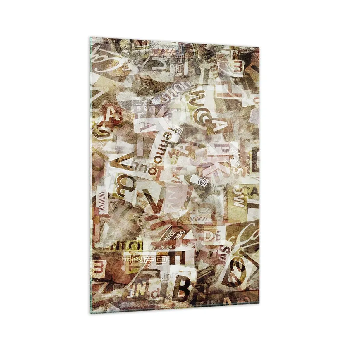 Obraz na szkle - Abstrakcyjna kompozycja z literami i wycinkami tekstu - 80x120cm - Zjednoliterzam paplomanię - Nowoczesna dekoracja ścienna do salonu i sypialni ARTTOR