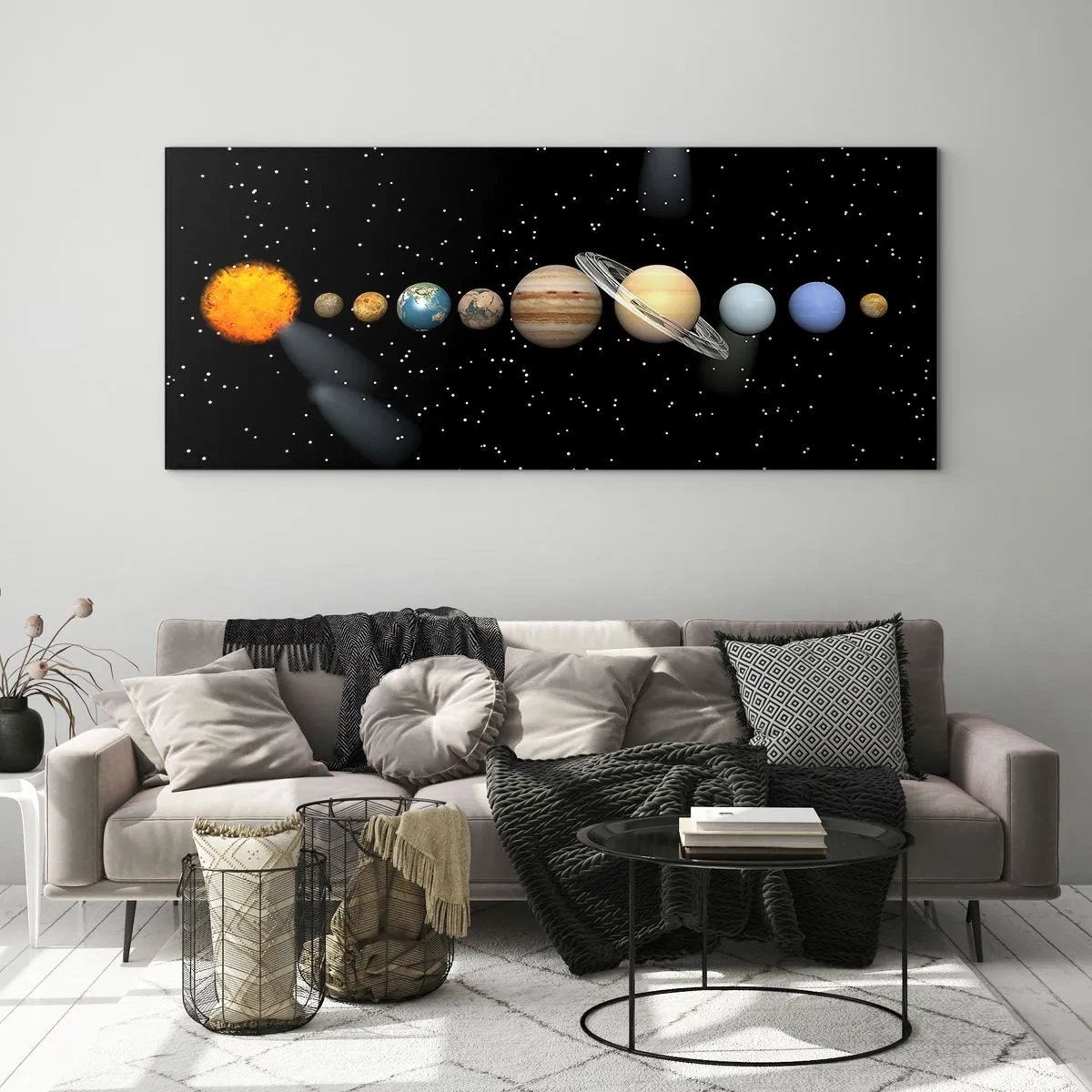 Obraz na szkle - Układ słoneczny z planetami na tle gwiazd w kosmosie - 160x50cm - A planety szaleją, szaleją… - Nowoczesna dekoracja ścienna do salonu i sypialni ARTTOR