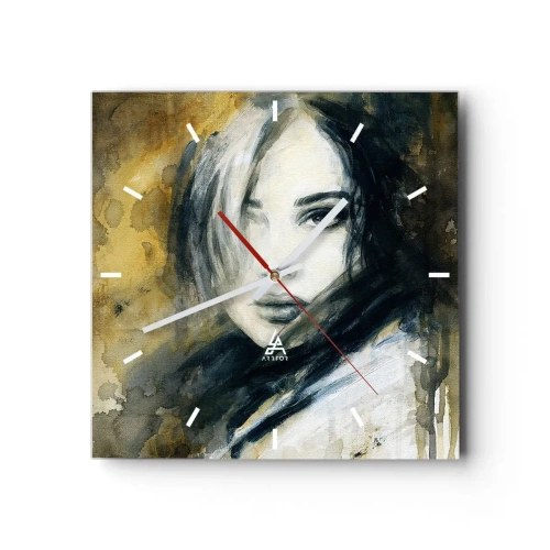 Zegar ścienny - Portret kobiety na tle abstrakcyjnych plam w odcieniach beżu - 30x30cm - bardziej niewinna czy zmysłowa? - Nowoczesna dekoracja ścienna do salonu i sypialni ARTTOR