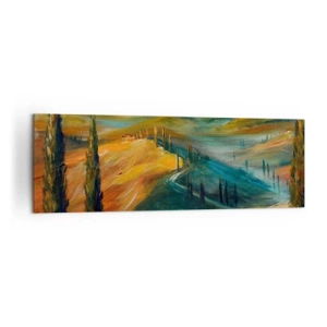 Obraz na płótnie - Toskański krajobraz z polami, drogą i cyprysami - 160x50cm - Toskański pejzaż - Nowoczesna dekoracja ścienna do salonu i sypialni ARTTOR