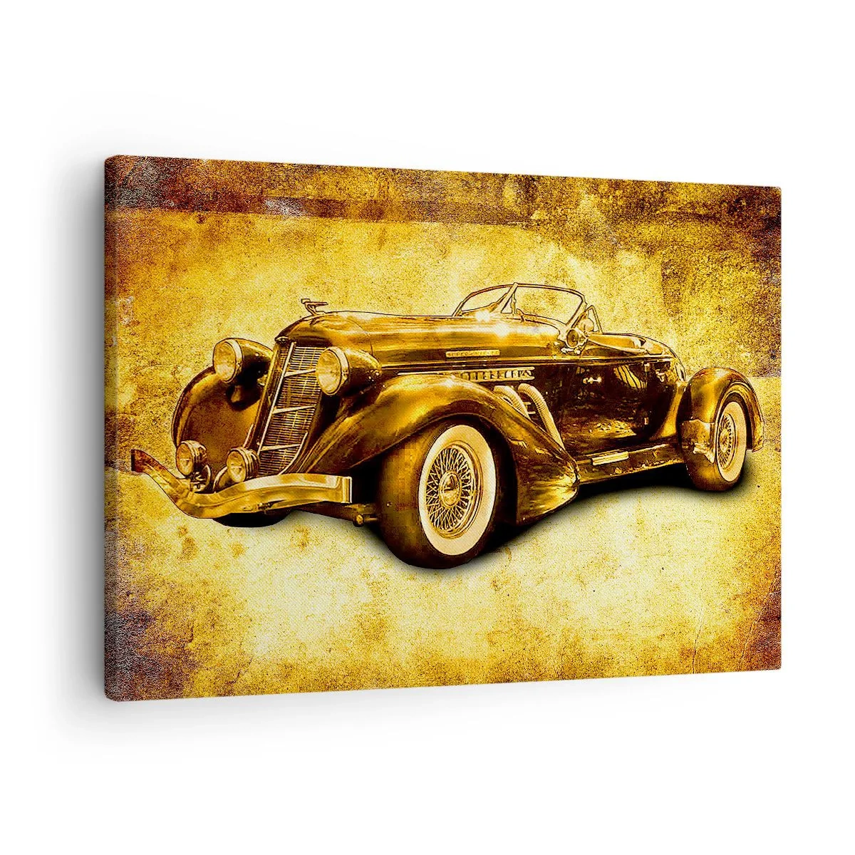Obraz na płótnie - Złoty klasyczny kabriolet retro na tle vintage w ciepłych barwach - 70x50cm - Elita elit - Nowoczesna dekoracja ścienna do salonu i sypialni ARTTOR