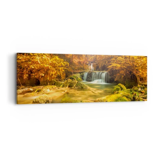 Obraz na płótnie - Leśna kaskada w złocie - 90x30 cm