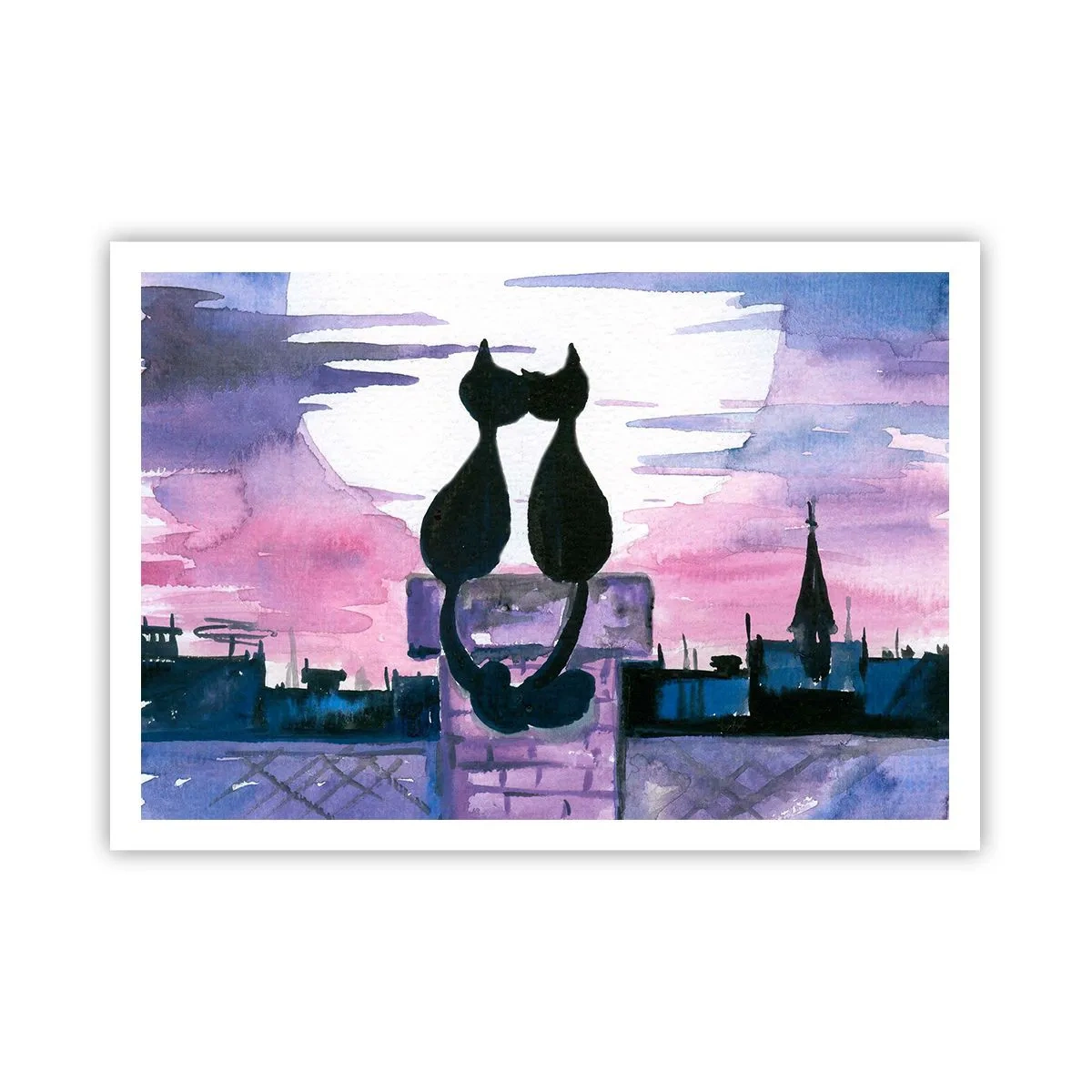 Plakat - Czarne koty na dachu w świetle księżyca w akwarelowej scenerii - 100x70cm - Rendez-vous pod księżycem - Nowoczesna dekoracja ścienna do salonu i sypialni ARTTOR