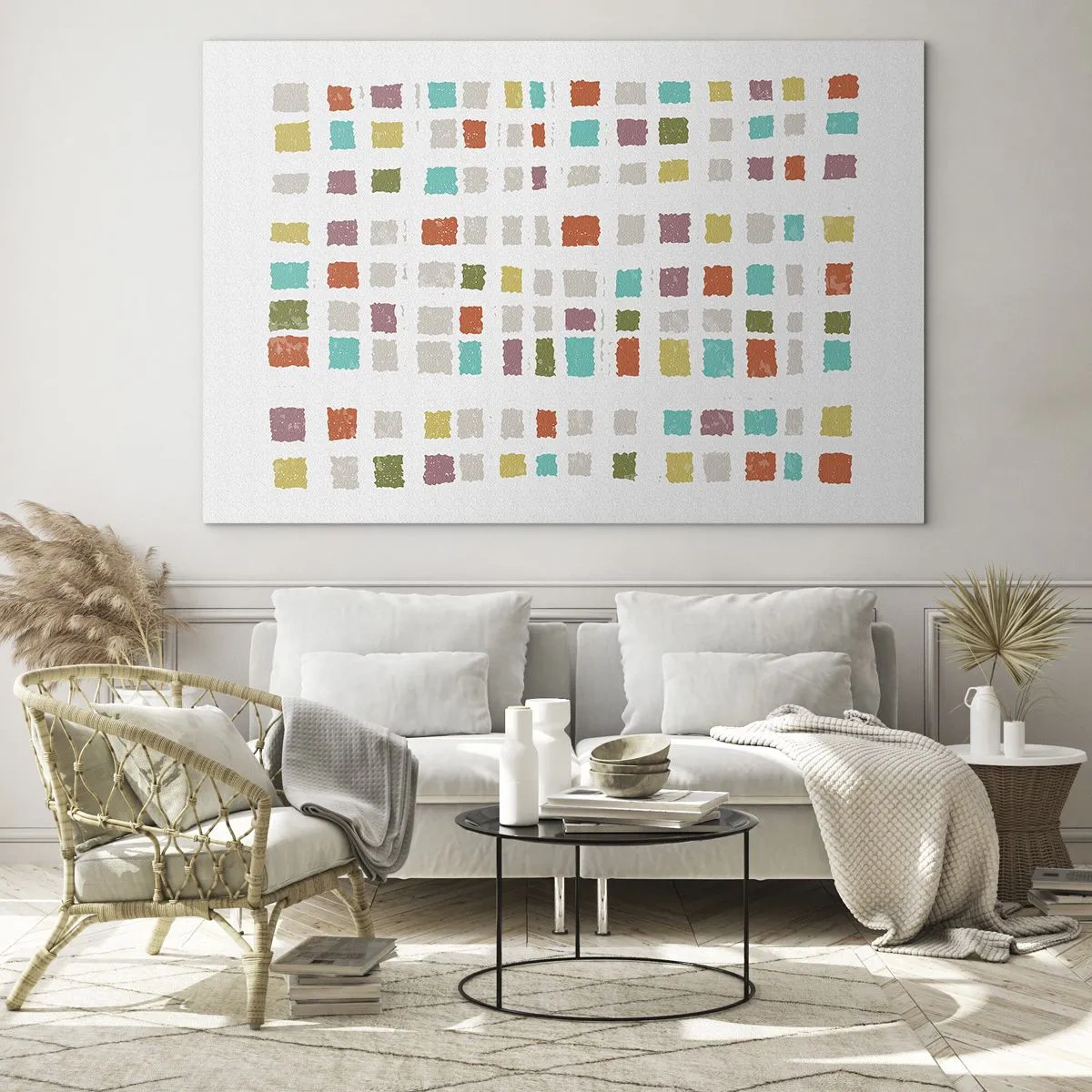 Obraz na szkle - Kolorowa mozaika kwadratów na białym tle w stylu abstrakcyjnym - 70x50cm - Nieznana gra - Nowoczesna dekoracja ścienna do salonu i sypialni ARTTOR