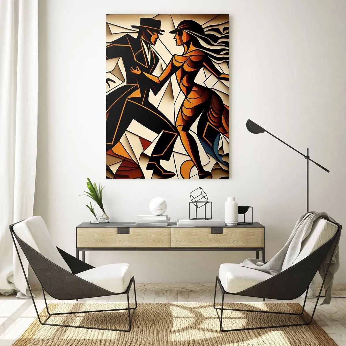 Obraz na szkle - Stylizowana para w tańcu w dynamicznej abstrakcyjnej formie - 50x70cm - Taniec pasji i namiętności - Nowoczesna dekoracja ścienna do salonu, kuchni i sypialni ARTTOR