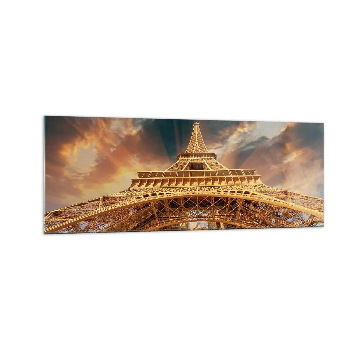 Obraz na szkle - Wieża Eiffla z perspektywy dolnej na tle zachodzącego słońca - 140x50cm - Jak ludzkość sięgnęła nieba - Nowoczesna dekoracja ścienna do salonu i sypialni ARTTOR