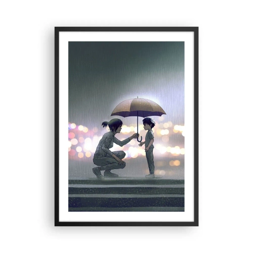 Plakat w czarnej ramie - Osoba dorosła wręczająca parasolkę dziecku na tle deszczu - 50x70cm - I już jest wszystko dobrze - Nowoczesna dekoracja ścienna do salonu i sypialni ARTTOR