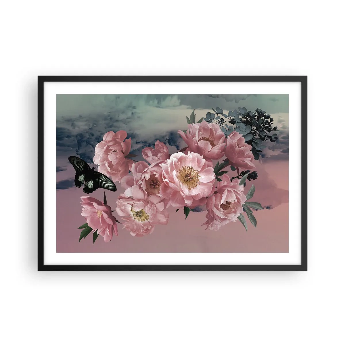 Plakat w czarnej ramie - Różowe piwonie z motylem na pastelowym tle - 70x50cm - Szczyt romantyzmu - Nowoczesna dekoracja ścienna do salonu i sypialni ARTTOR