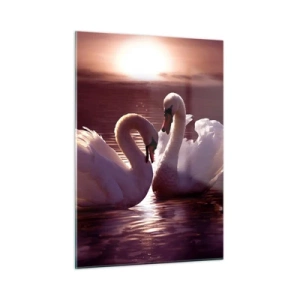 Obraz na szkle - Dwa łabędzie na wodzie w świetle zachodzącego słońca - 50x70cm - Aż śmierć nas nie rozłączy - Nowoczesna dekoracja ścienna do salonu, kuchni i sypialni ARTTOR