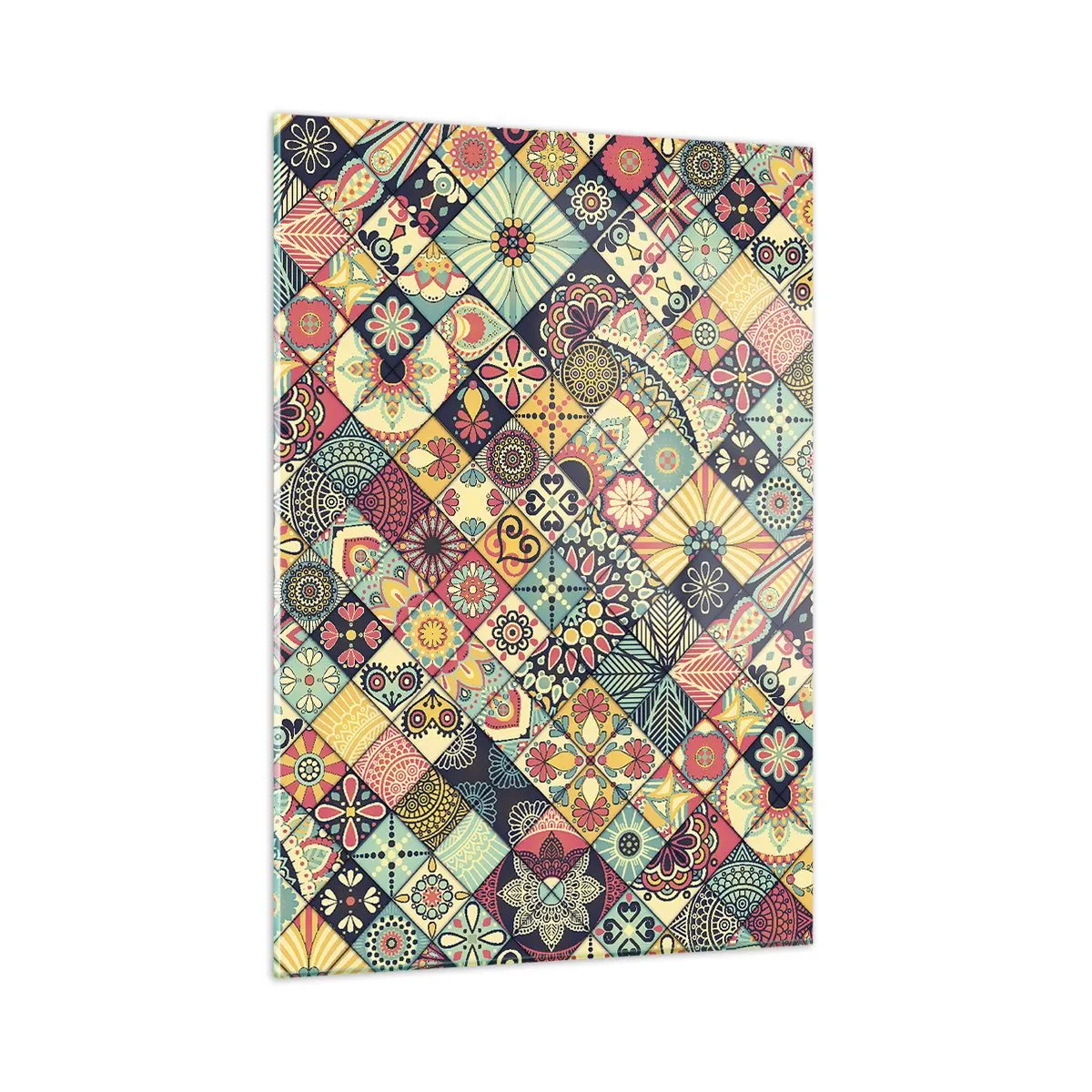 Obraz na szkle - Kolorowy wzór inspirowany marokańskimi płytkami z geometrycznymi motywami - 50x70cm - Marokańskie klimaty - Nowoczesna dekoracja ścienna do salonu, kuchni i sypialni ARTTOR