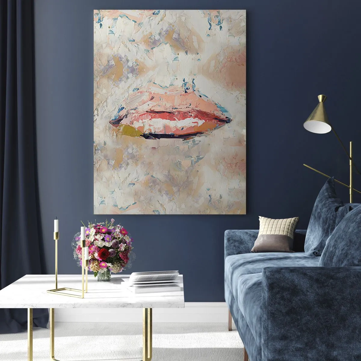 Obraz na szkle - Abstrakcyjna kompozycja przedstawiająca kobiece usta w pastelowych barwach - 70x100cm - Budzi zmysły - Nowoczesna dekoracja ścienna do salonu i sypialni ARTTOR