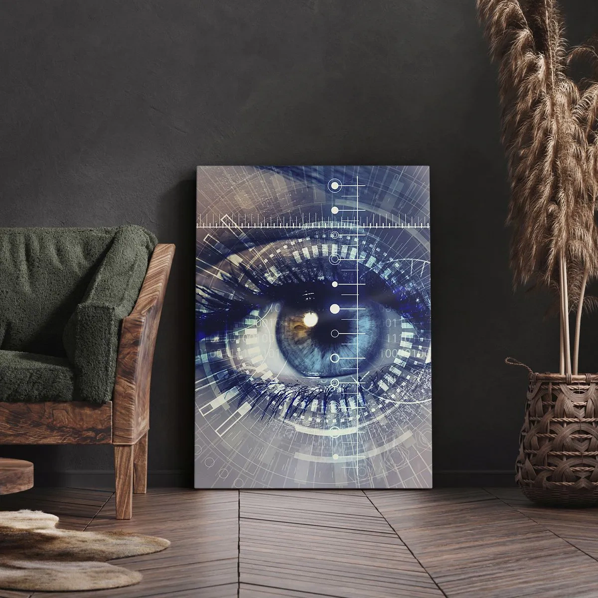 Obraz na płótnie - Technologiczne oko z futurystycznym interfejsem - 70x100cm - Myślisz, że mnie znasz - Nowoczesna dekoracja ścienna do salonu i sypialni ARTTOR