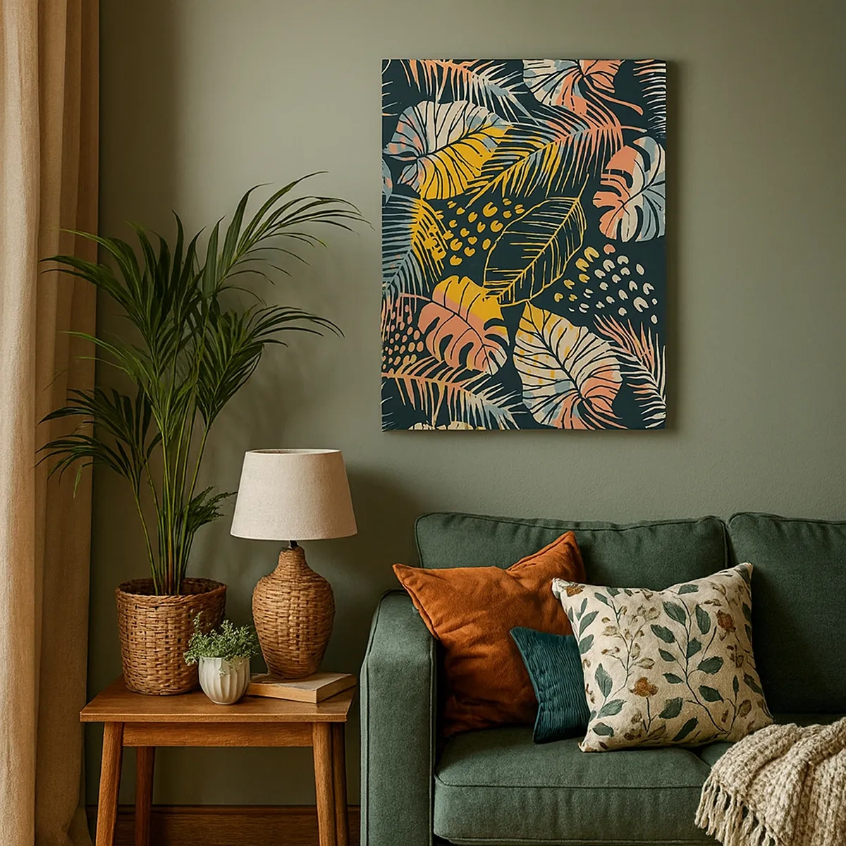 Obraz na płótnie - Kolorowe liście tropikalne na ciemnym tle - 50x70cm - Liściasta fantazja - Nowoczesna dekoracja ścienna do salonu, kuchni i sypialni ARTTOR