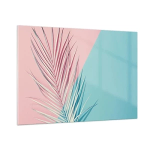 Obraz na szkle - Liść palmy na pastelowym tle w geometrycznej kompozycji - 100x70cm - Tropikalna impresja - Nowoczesna dekoracja ścienna do salonu, kuchni i sypialni ARTTOR