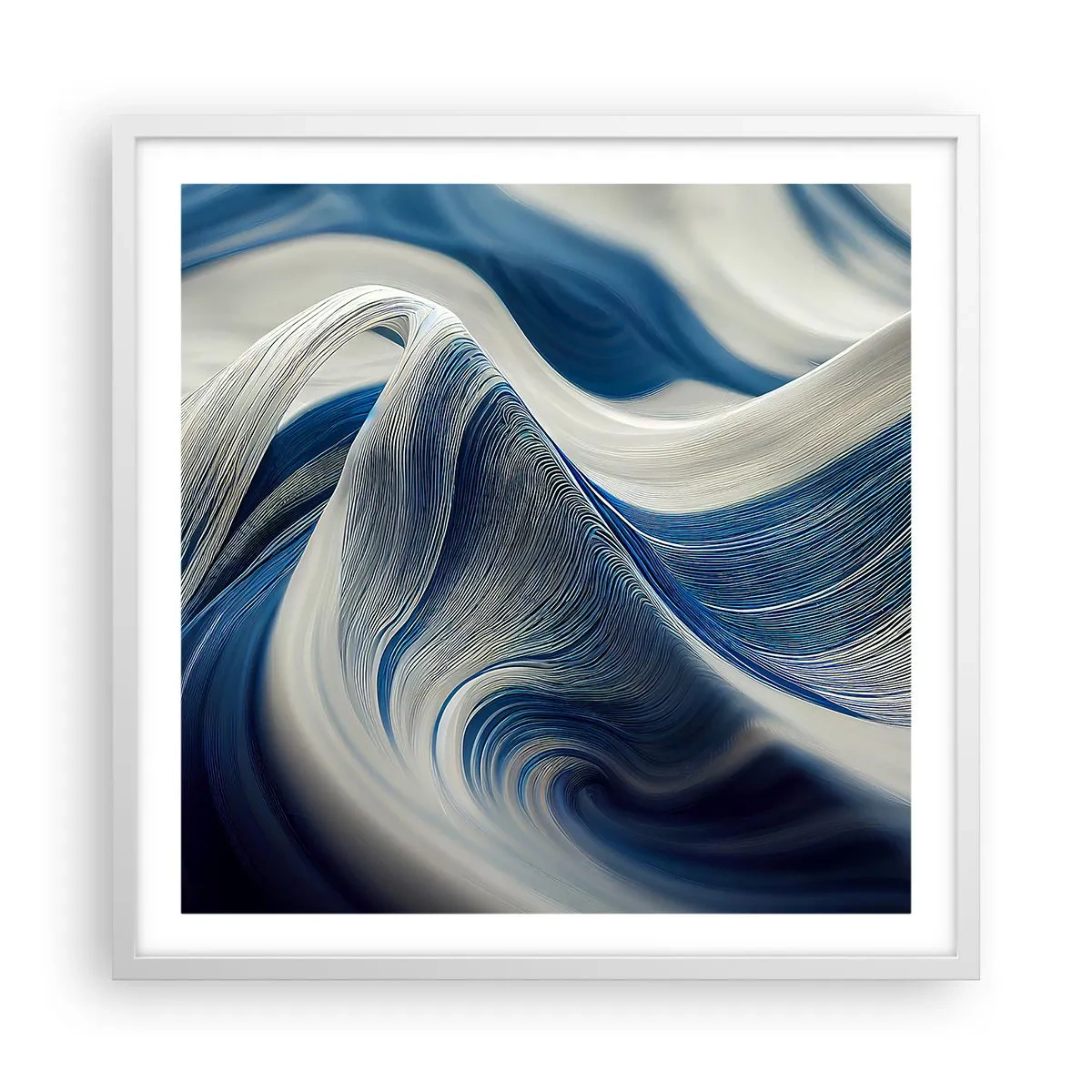 Plakat w białej ramie - Płynność błękitu i bieli - 60x60 cm
