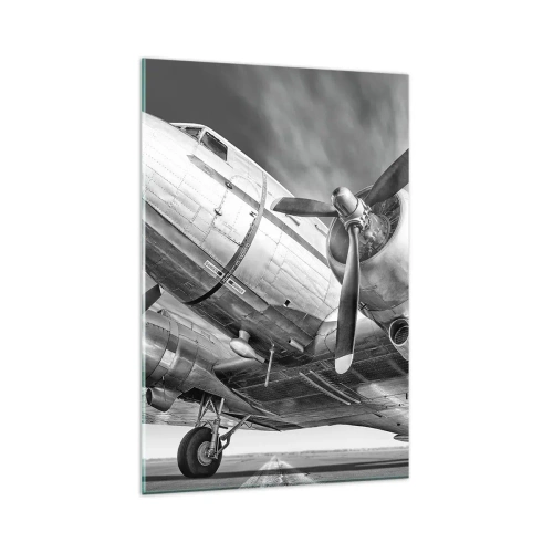 Obraz na szkle - Czarno-biały wizerunek klasycznego samolotu z widocznymi szczegółami konstrukcji - 80x120cm - Zawsze gotowy do lotu - Nowoczesna dekoracja ścienna do salonu i sypialni ARTTOR