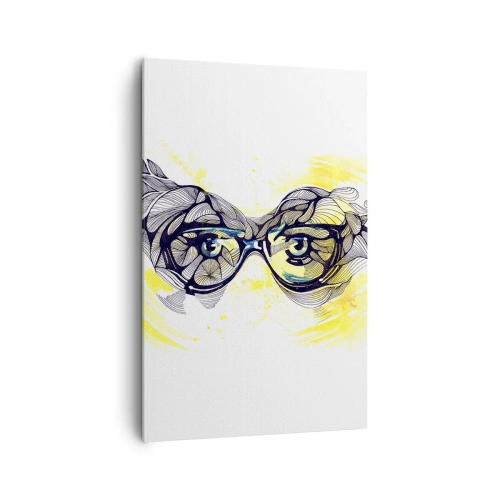 Obraz na płótnie - Artystyczna grafika okularów z wyrazistymi oczami - 80x120cm - Przez błękitne okulary - Nowoczesna dekoracja ścienna do salonu i sypialni ARTTOR