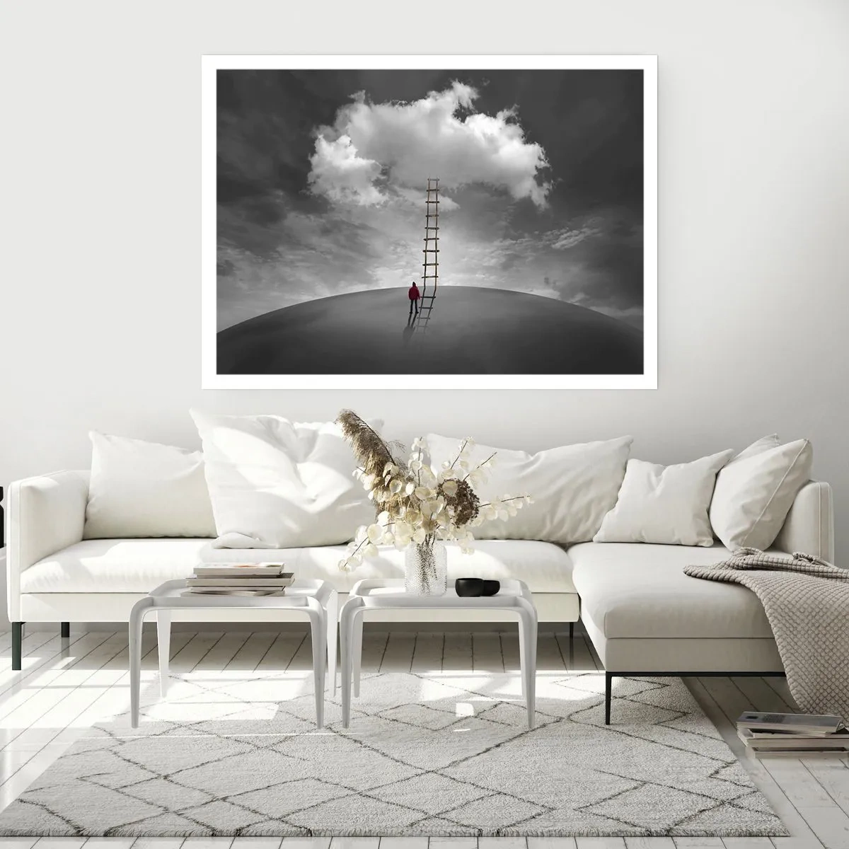 Plakat - Osoba w czerwonym płaszczu i drabina prowadząca do chmury - 100x70cm - Wszystko możliwe - Nowoczesna dekoracja ścienna do salonu i sypialni ARTTOR