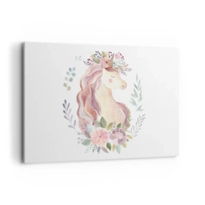 Obraz na płótnie - Jednorożec w pastelowych kolorach otoczony kwiatami - 120x80cm - Zaproszenie do świata baśni - Nowoczesna dekoracja ścienna do salonu, kuchni i sypialni ARTTOR