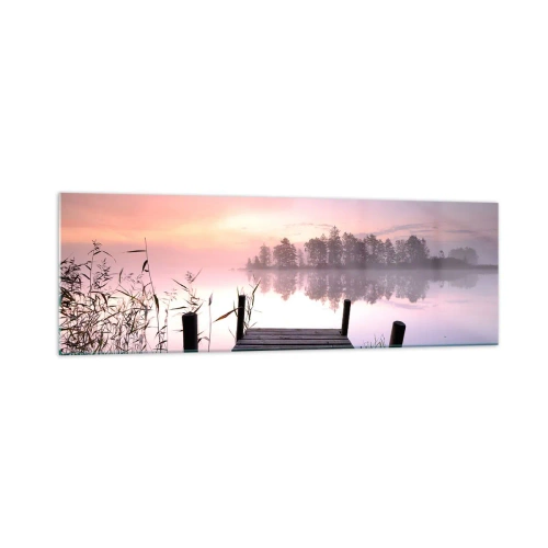 Obraz na szkle - Pomost nad jeziorem o świcie z mgłą i pastelowym niebem - 160x50cm - Z liliowej mgły... - Nowoczesna dekoracja ścienna do salonu i sypialni ARTTOR