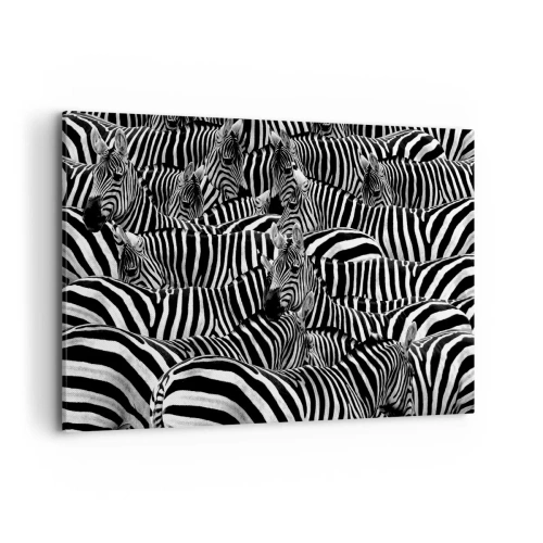 Obraz na płótnie - Grupa zebr z czarno-białymi paskami tworząca wzór symetrii. - 120x80cm - Portret zbiorowy w paski - Nowoczesna dekoracja ścienna do salonu, kuchni i sypialni ARTTOR
