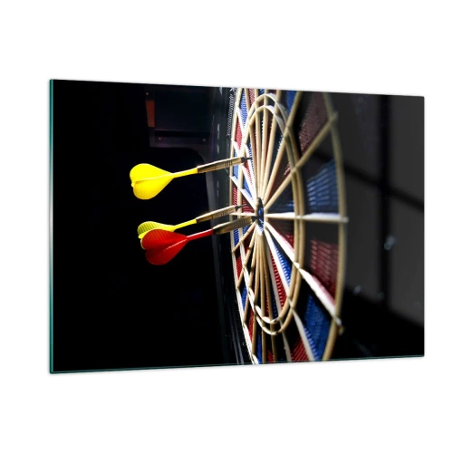 Obraz na szkle - Rzutki trafiające w tarczę w ciemnym otoczeniu - 120x80cm - W samo sedno - Nowoczesna dekoracja ścienna do salonu, kuchni i sypialni ARTTOR