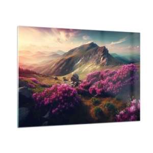 Obraz na szkle - Letni górski krajobraz z kwitnącym różowym wrzosem - 100x70cm - Lato w górach - Nowoczesna dekoracja ścienna do salonu, kuchni i sypialni ARTTOR