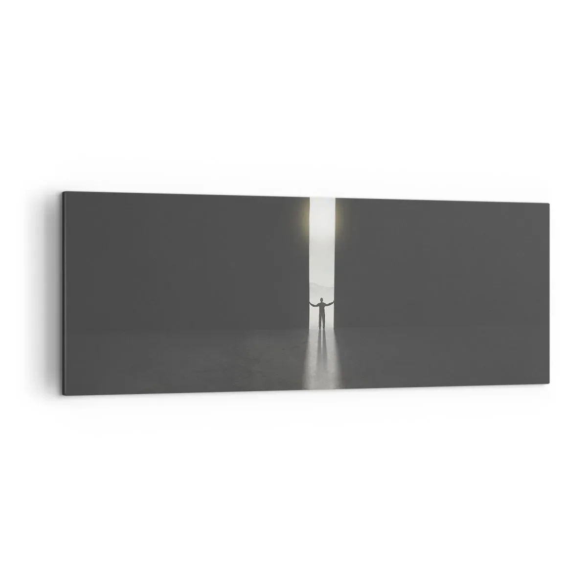 Obraz na płótnie - Człowiek stojący w świetle wąskiej szczeliny w ciemnej przestrzeni - 140x50cm - Krok do jasnej przyszłości - Nowoczesna dekoracja ścienna do salonu i sypialni ARTTOR