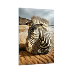 Obraz na szkle - Zebra odpoczywająca na piaszczystej plaży z klifami w tle - 80x120cm - Pasujemy do siebie - Nowoczesna dekoracja ścienna do salonu i sypialni ARTTOR