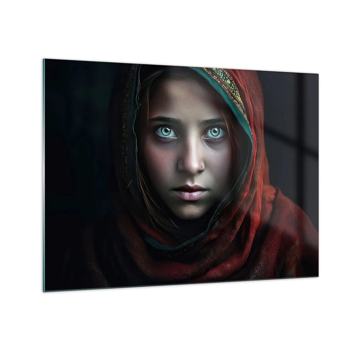 Obraz na szkle - Portret kobiety w czerwonej chuście na ciemnym tle - 70x50cm - Wschodnia księżniczka - Nowoczesna dekoracja ścienna do salonu i sypialni ARTTOR