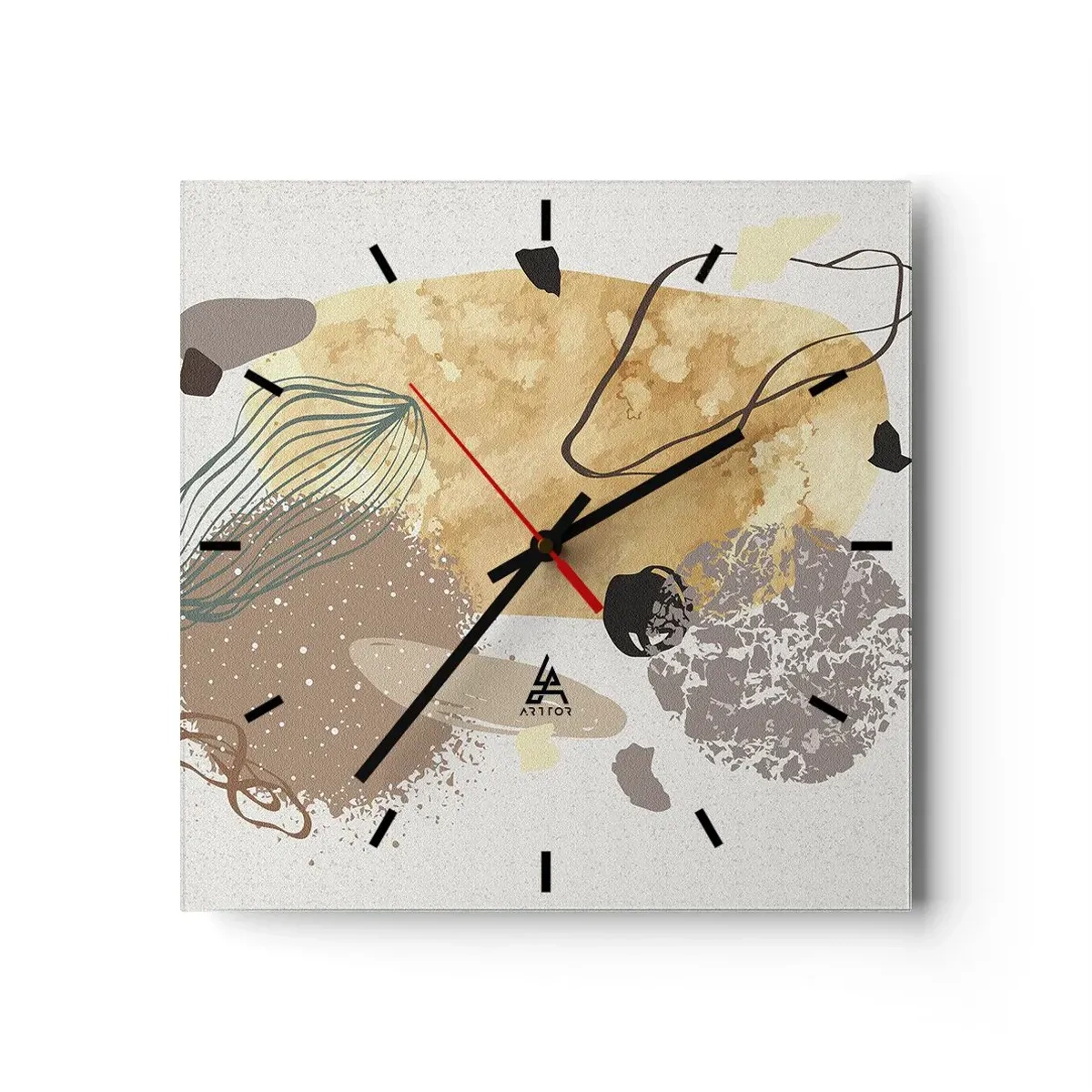 Zegar ścienny - Kompozycja abstrakcyjnych kształtów w beżach i żółciach - 30x30cm - Plumkologia stosowana - Nowoczesna dekoracja ścienna do salonu i sypialni ARTTOR